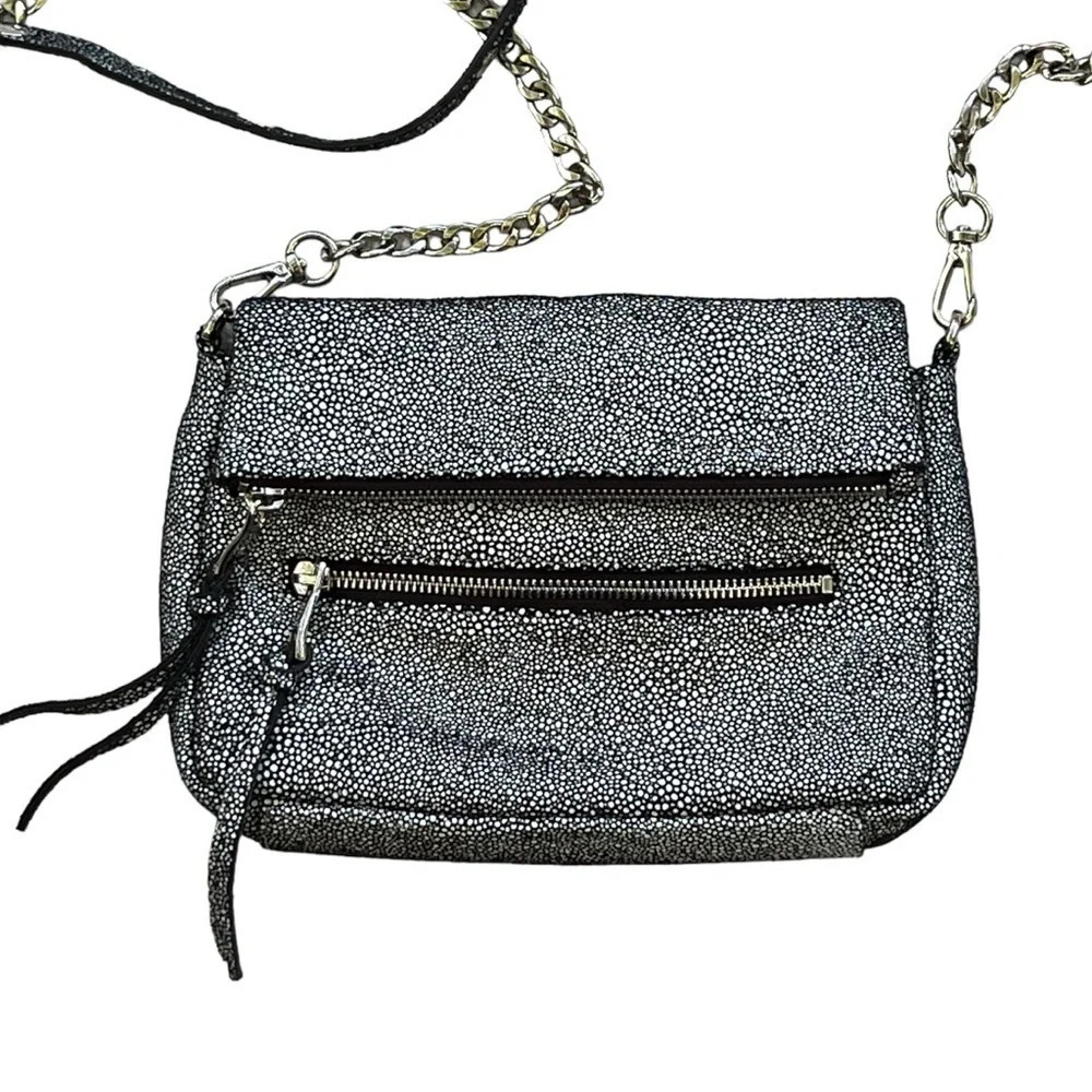 Sorial Black and White Pebbled/Dot Shimmer Crossbody Silver Chain Strap - Picture 2 of 13